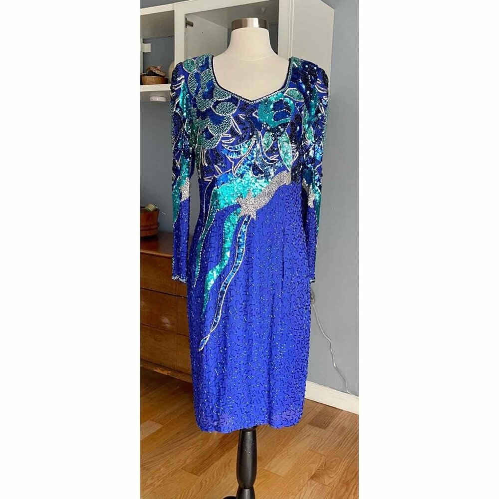 Vintage 80's NiteLine Beaded Sequin Silk Shooting Star Statement Dress Trophy